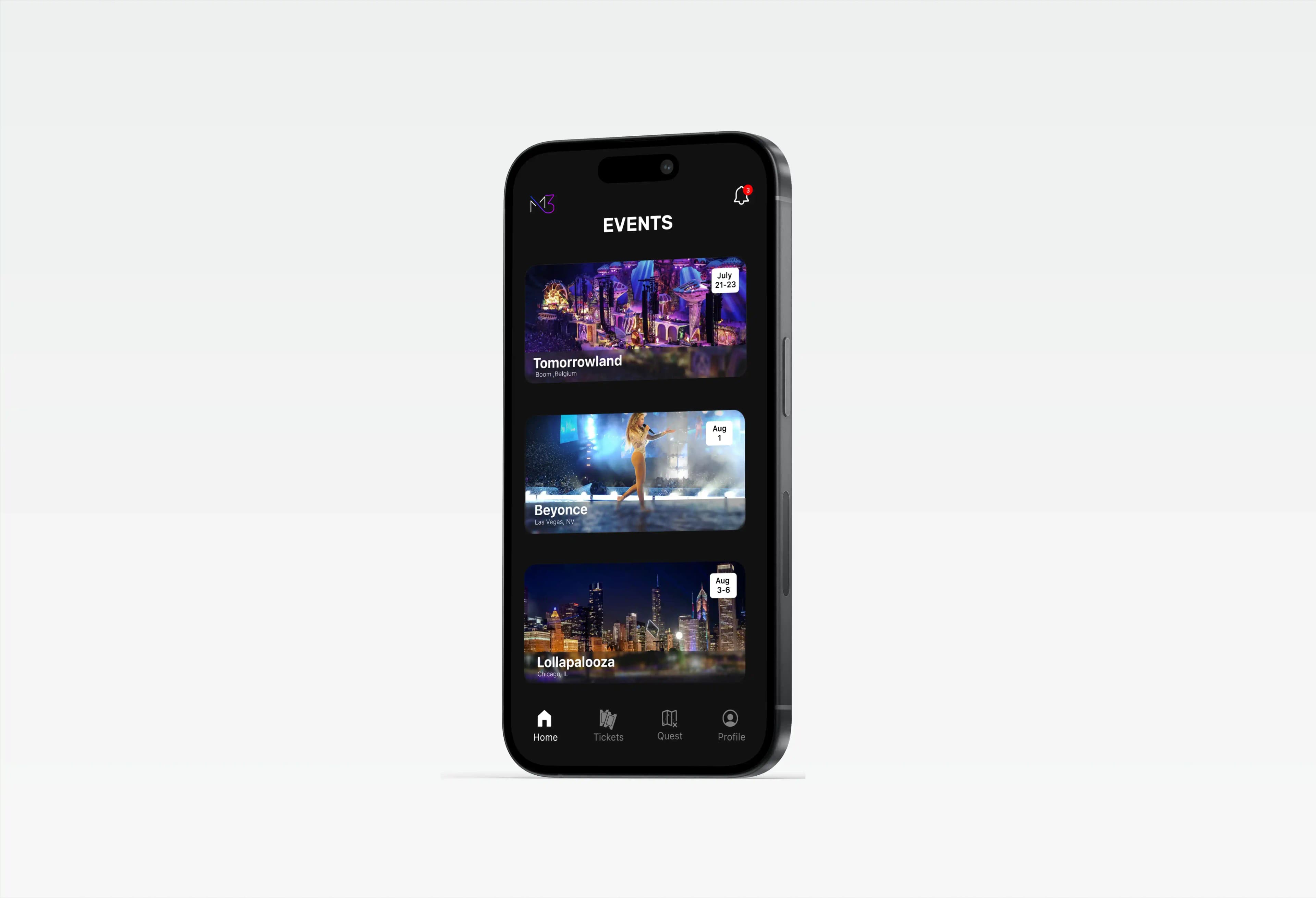 MAP3 events screen on a phone